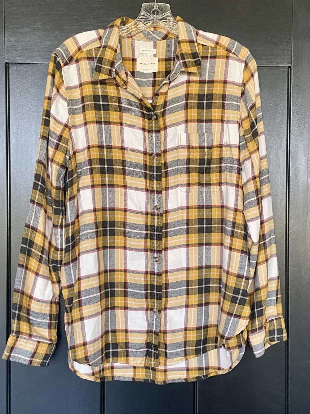American Eagle Outfitters Mustard, White and Black Plaid Button-Down Shirt